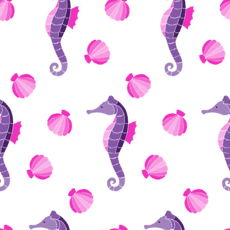 Seahorse and shell embroidery seamless patternのイラスト素材