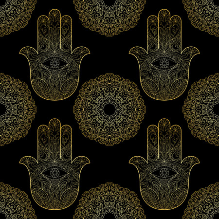 Gold Hand of Fatima with Mandala Seamless Patternのイラスト素材