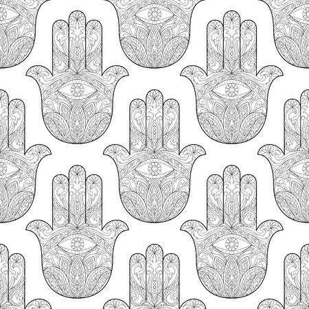 Ornate hand drawn hamsa seamless pattern. Hand of Fatima. Arabic, Indian and Jewish wallpaper with amulet. Coloring page.のイラスト素材