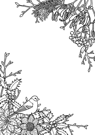 Winter plants with bird pattern. Nature square black and white angular A4 composition for greeting cards, mock ups, coloring page and covers with text place.のイラスト素材