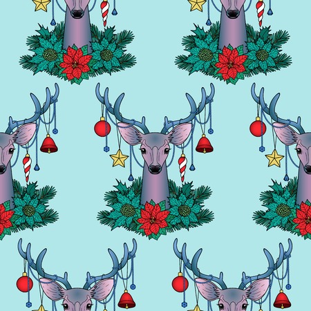 Christmas deer with objects seamless pattern. Winter square new year colorful wallpaper for greeting cards, mock ups, covers and textile prints.のイラスト素材