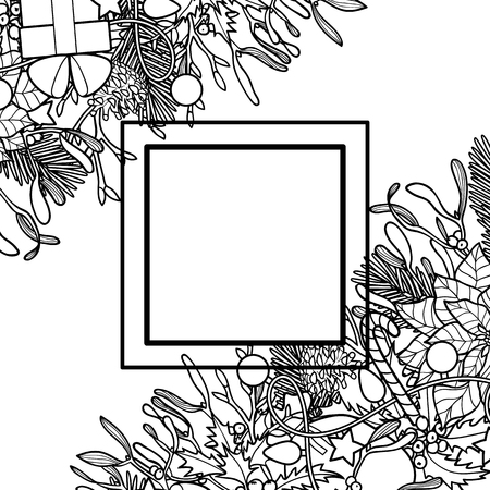 Christmas plants with objects angular composition. Nature corner square new year black and white set for greeting cards, mock ups, coloring page and covers with text place.のイラスト素材