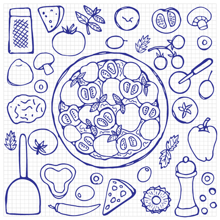 Hand drawn sketch of vegetarian pizza illustration.のイラスト素材