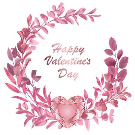 Happy Valentines Day with pink watercolor style herb frame and heart on white background. Template for wedding invitation, greeting and birthday card, covers.のイラスト素材