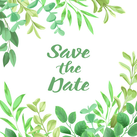 Save the Date card from greenery leaf illustration on white background.のイラスト素材
