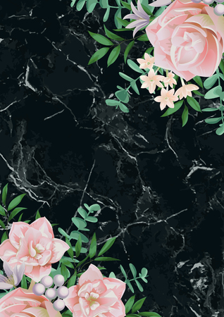 Luxury Template with Pink Flowers on Black Marble Vector illustration.のイラスト素材