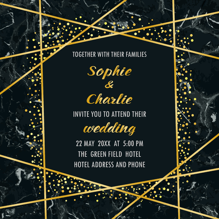 Wedding invitation card with gold line and gold glitter on black marble. Luxury square mock up, template with festive confetti for greeting, birthday, posters and covers with text place.のイラスト素材