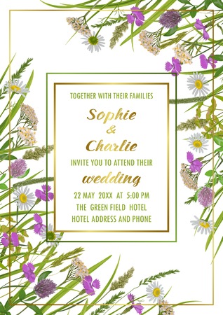 Floral wedding invitation with geometric gold frame, herb and field flowers in watercolor style. Greenery botanical A4 template with text place for invite, greeting, birthday card and covers.のイラスト素材