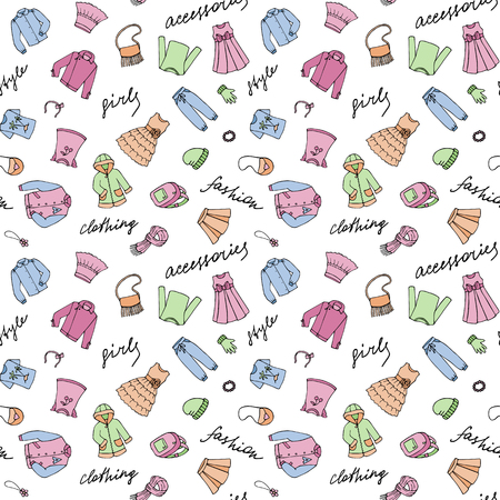 Hand drawn doodle seamless pattern with girl clothes and lettering on white background. Outline vector repeat wallpaper for templates, banners, posters, web and graphic design with text place.のイラスト素材