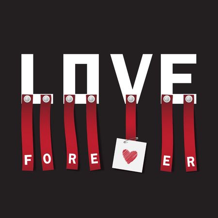 Love Forever t-shirt fashion print on black background with red ribbons and doodle heart. Pattern with lettering for tshirt and apparel graphics, poster, print, postcard.のイラスト素材