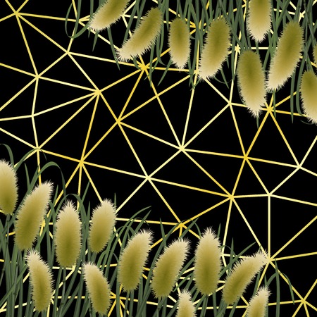 Gold geometric background with miscanthus in watercolor style. Luxury square mock up, template for greeting, birthday cards, invites, covers and posters.のイラスト素材