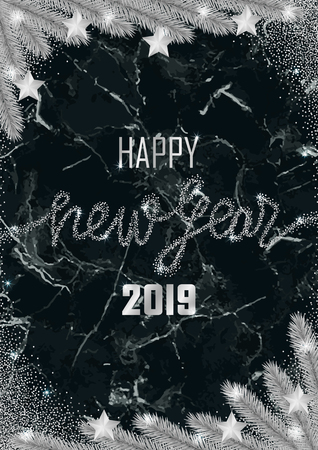 Happy New Year 2019 silver greeting card on black background. Winter template for invitation, Christmas greeting cards, party invites, covers and posters.のイラスト素材