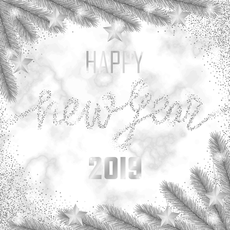 Happy New Year 2019 silver greeting card on white marble background. Winter template for invitation, Christmas greeting cards, party invites, covers and posters.のイラスト素材