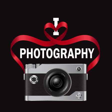 I love photography t-shirt fashion print with camera and heart from red ribbon t-shirt fashion print isolated on black background. Pattern for tshirt and apparel graphics, poster, prints.のイラスト素材