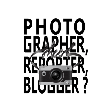 Photographer, reporter, blogger with camera and lettering t-shirt fashion print isolated on white...