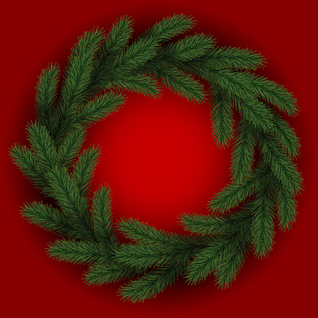 Round garland from fir branches on red background. Floral pattern for templates, natural greeting cards, covers and posters with text place.のイラスト素材