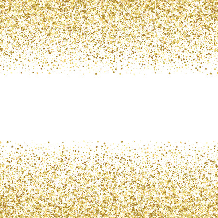 Luxury festive golden seamless border on white background. Gold glitter with star, round and diamond particles. Template for greetind card, certificate, gift voucher and covers with text place.のイラスト素材