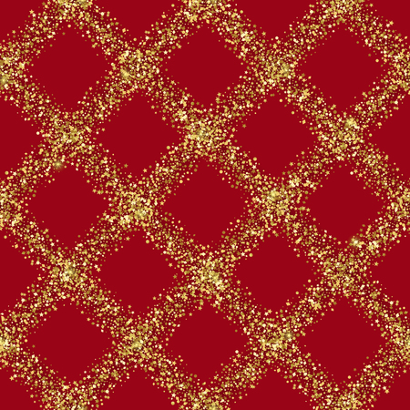 Luxury festive golden diagonal seamless pattern on red background. Gold glitter repeat check with star, round and diamond particles. Checkered wallpaper for greetind card, textile print, wrapping.のイラスト素材