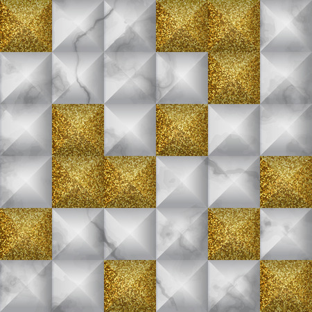 White marble with volume geometric effect and gold glitter repeat tile. Luxury seamless pattern with 3d effect for backgrounds, interior decoration, wallpaper, web banners.のイラスト素材