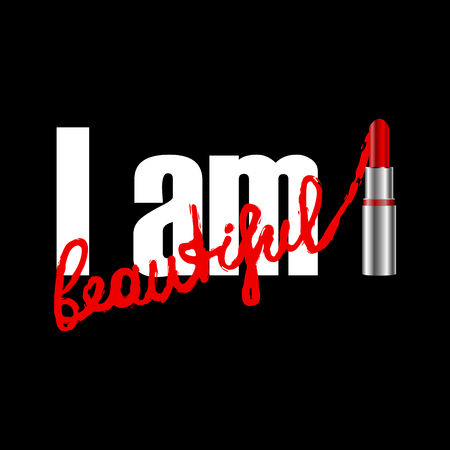 I am beauty T-shirt fashion print on black background with red lipstick. Pattern with lettering for tshirt and apparel graphics, poster, print, postcard.のイラスト素材