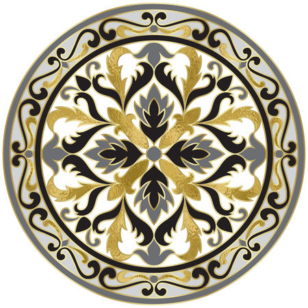 Vector mosaic classic medallion with gold foil and geometric elements. Abstract floral round composition for interior decoration, ceramic tile, textile prints, home decor.のイラスト素材
