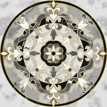 Luxury marble seamless pattern with classic floral medallion. Repeat marbling composition with gold elements, modern luxurious background, wallpaper, textile print and interior tile.のイラスト素材