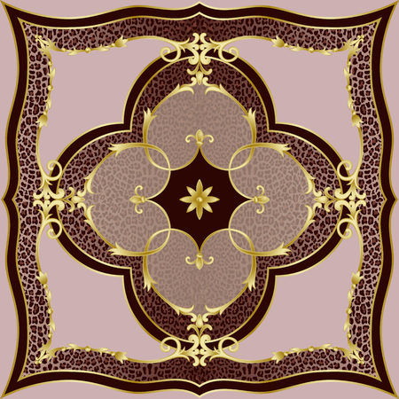 Luxury leopard shawl pattern with classic floral gold decorative elements. Square composition, luxurious background, scarf and textile print, interior tile.のイラスト素材