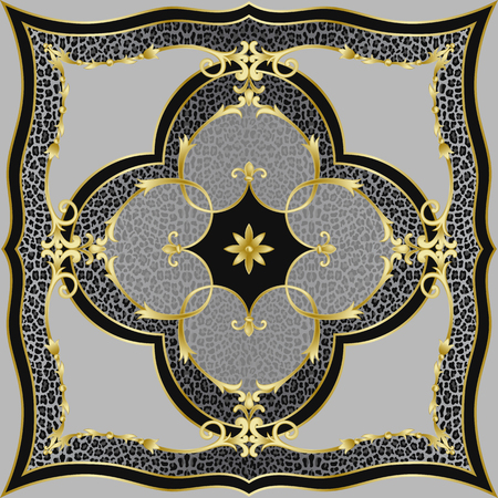 Luxury leopard shawl pattern with classic floral gold decorative elements. Square composition, luxurious background, scarf and textile print, interior tile.のイラスト素材