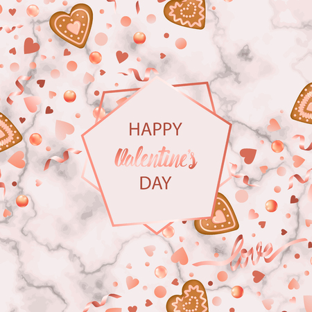 Happy Valentines Day Card with gingerbread hearts on marble background. Holiday template for greeting cards, wedding invitations, menu and postcards with text place.のイラスト素材