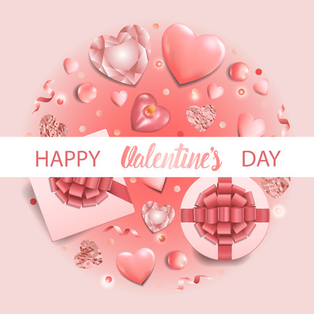 Happy Valentines Day Card with top view objects set on pink background. Romantic pattern for greeting and birthday cards, wedding invitation, gift voucher and covers with text place.のイラスト素材
