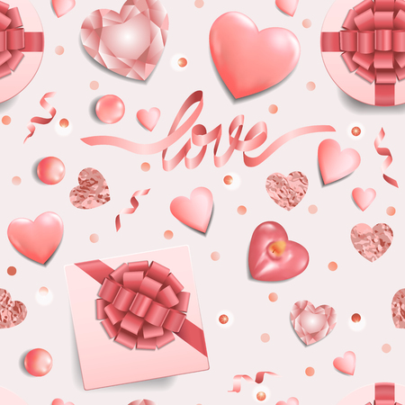 Pink romantic seamless pattern. Glamour repeat wallpaper with flat lay objects for greeting and birthday card, textile prints, wedding invitation, wrapping.のイラスト素材