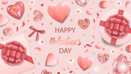 Happy Valentines Day web banner with top view objects on pink background. Romantic template for greeting and birthday cards, wedding invitation, gift voucher and covers with text place.のイラスト素材
