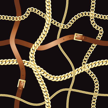 Belts and gold chain check seamless pattern. Luxury background for textile prints, silk shawls, greeting wrappings.のイラスト素材
