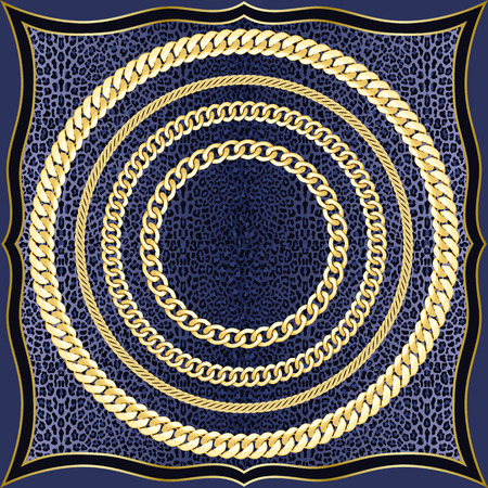 Golden round chains seamless pattern on blue leopard background. Fashion luxury gold and animal background with jewelry for textile prints, wallpapers, wrapping, silk shawls.のイラスト素材