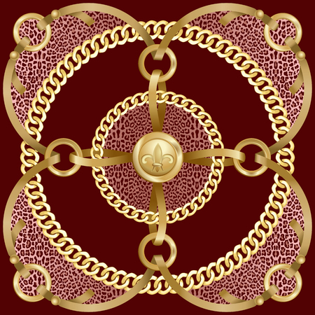 Golden round chains and ribbon medalion pattern with pink leopard print. Fashion luxury gold and animal background with jewelry for textile prints, wallpapers, wrapping, silk shawls, tiles.のイラスト素材