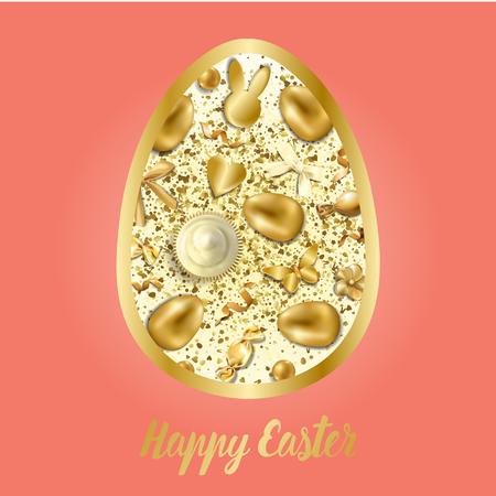 Happy Easter greeting card with golden easter objects and glitter on coral background. Luxury gold egg holliday postcard.のイラスト素材