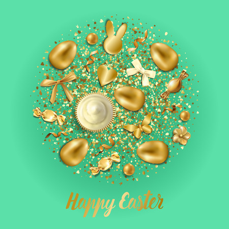 Happy Easter greeting card with golden easter objects and glitter on green background. Luxury holliday postcard.のイラスト素材