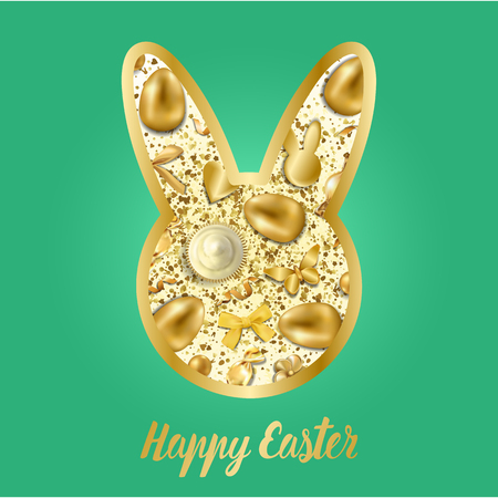 Happy Easter greeting card with golden easter objects and glitter on green background. Luxury gold rabbit holliday postcard.のイラスト素材