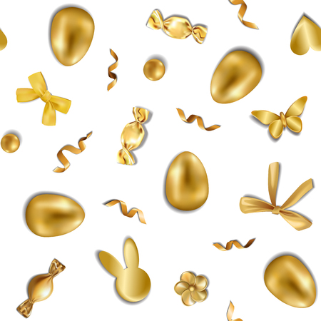 Easter golden greeting seamless pattern with gold holiday objects on white background. Luxury reapit holliday wallpaper, wrapping, textile print.のイラスト素材