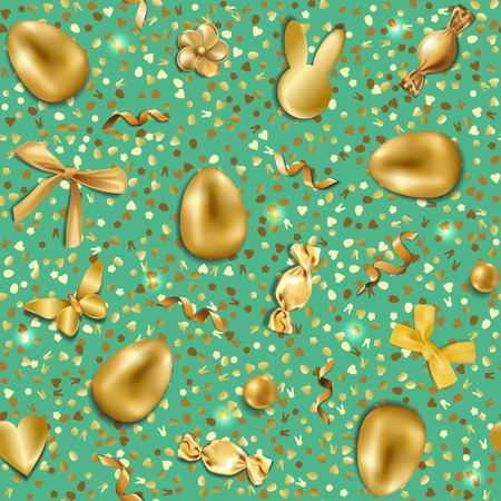Easter golden luxury greeting seamless pattern with gold holiday objects and glitter on green background. Luxury holliday postcard.のイラスト素材
