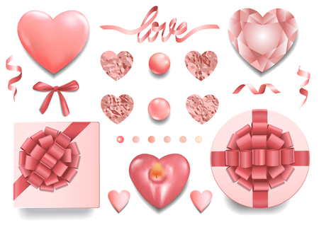 Top view objects set on white background. Romantic elements for greeting, valentines and birthday cards, wedding invitation, gift voucher and covers.のイラスト素材