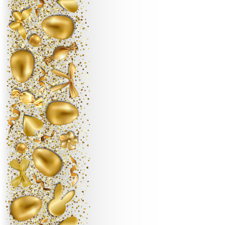 Easter golden greeting seamless vertical border with gold holiday objects and glitter on white background. Luxury reapit holliday pattern, wallpaper, wrapping, textile print, template with text place.のイラスト素材