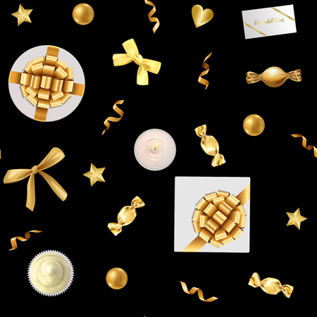 Top view gold objects seamless pattern on black background. Luxury repeat background for greeting and birthday cards, wedding invitation, gift voucher and covers, textile prints.のイラスト素材
