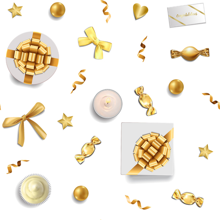 Top view gold objects seamless pattern on white background. Luxury repeat background for greeting and birthday cards, wedding invitation, gift voucher and covers, textile prints.のイラスト素材