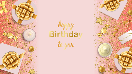 Happy Birthday To You greeting web banner with gold festive items on pink background. Luxury flat lay objects template for greeting, birthday cards, wedding invites, gift voucher with text palce.のイラスト素材