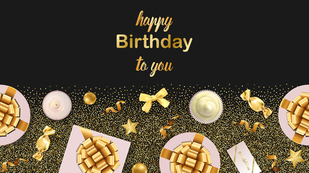 Happy Birthday To You greeting web banner with gold festive items on black background. Luxury flat lay objects template for greeting, birthday cards, wedding invites, gift voucher with text palce.のイラスト素材