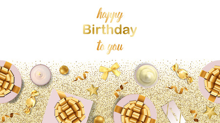Happy Birthday To You greeting web banner with gold festive items on white background. Luxury flat lay objects template for greeting, birthday cards, wedding invites, gift voucher with text palce.のイラスト素材