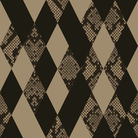 Vector snakeskin geometric seamless pattern. Beige and brown rhombus reptile surface, modern animal background, repeat wallpaper.のイラスト素材
