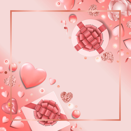 Glamour template with flat lay pink romantic objects for greeting, valentines and birthday card, wedding invitation, gift voucher and covers with text place.のイラスト素材