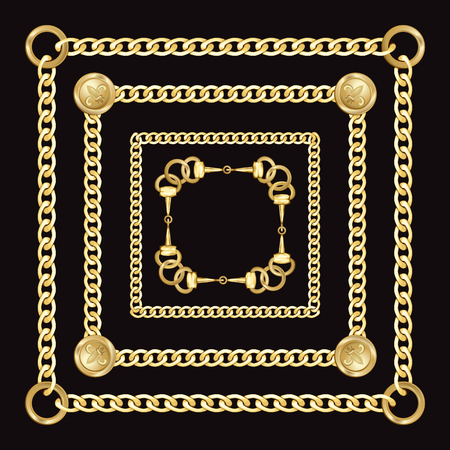 Golden squared chains pattern on black background. Fashion luxury gold background with jewelry for textile prints, wallpapers, wrapping, silk shawls.のイラスト素材